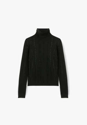Jersey de cuello alto negro con rayas verticales texturizadas y un brillo sutil. El cuello y los puños acanalados realzan el diseño ajustado.