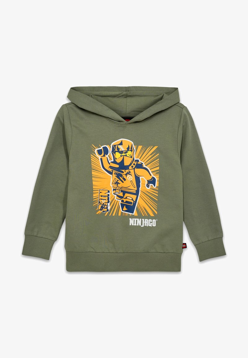Green hoodie features a graphic of a character in yellow and blue, with burst patterns behind. Soft texture and ribbed cuffs. Ninjago logo included.