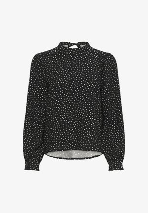 Črna bluzica z dolgimi rokavi, belimi pikami, visokim ovratnikom in nabranimi pufastimi rokavi. Tkanina ima gladko teksturo; vključuje zaponko na hrbtni strani v obliki ključavnice.