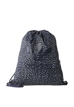 Sac à dos noir à cordon avec motif moucheté blanc et grand logo Trèfle Adidas sur le devant.