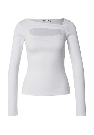 Witte longsleeve shirt gemaakt van rib stof met een uitsnijding bij de halslijn. Heeft een getailleerde siloeet en een off-shoulder ontwerp.