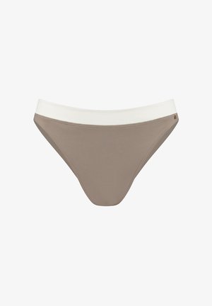Beige Rippbikini-Brief mit einem weißen elastischen Bund, der eine glatte Textur und minimale Nähte aufweist.