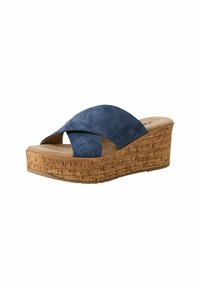 Blauwe suède wedge sandalen met een open teen en kruislings banden, voorzien van een gestructureerde kurken plateauzool.