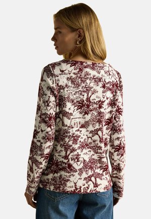 Long-sleeve cotton shirt in off-white with a burgundy, detailed landscape print featuring trees, figures, and architecture.