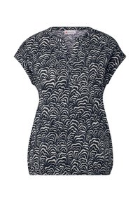 Blusa manica corta blu navy con scollatura a V, caratterizzata da un motivo ondulato bianco e dettagli con bottoni nella scollatura, realizzata in tessuto leggero.