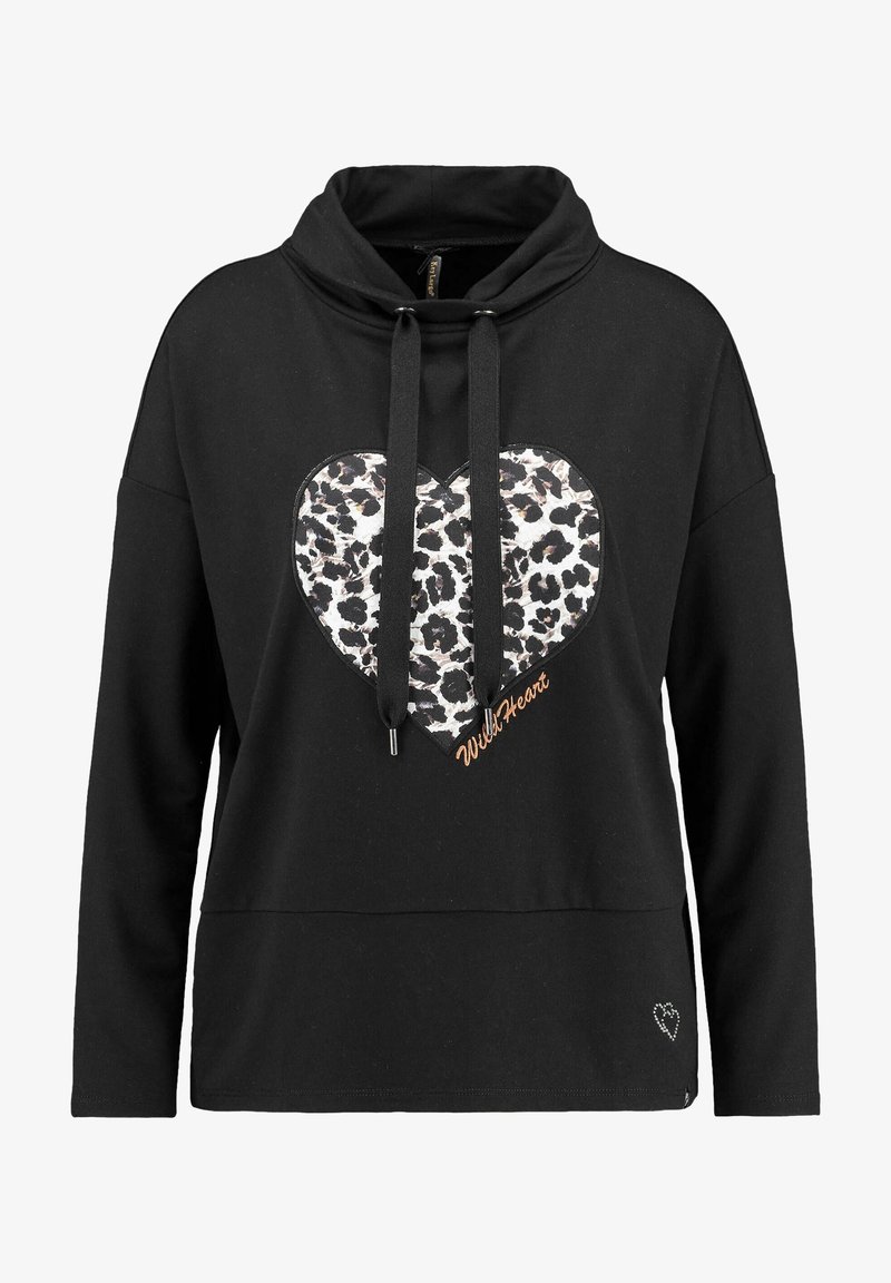 Svart hoodie med ett leopardmönster i form av ett hjärta, med dragsnören, en avslappnad passform och en broderad "WildHeart"-accent.