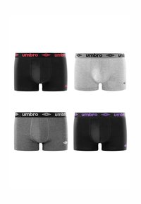 Quatre paires de boxers pour hommes : deux noirs avec des ceintures contrastantes, un gris avec une ceinture noire, et un anthracite avec une ceinture violette.