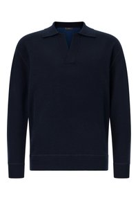 Námornícky modrý pletený pulóver s výstrihom do V a krátkym golierom. Má dlhé rukávy a rebrované manžety a spodný lem. Mäkká textúra, minimalistický dizajn.