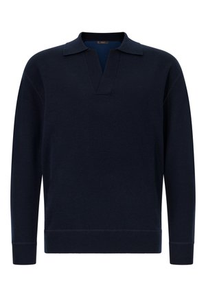 Pull en maille bleu marine avec un col en V et un col court. Présente des manches longues ainsi que des poignets et un ourlet côtelés. Texture douce, design minimaliste.