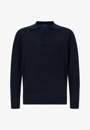 Tmavě modrý pletený pulovr s výstřihem do V a krátkým límečkem. Má dlouhé rukávy a žebrované manžety a lem. Měkká textura, minimalistický design.