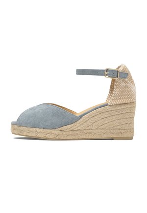 Wedge sandal with blue fabric toe strap, beige woven heel, ankle strap with gold buckle, and braided jute platform sole.