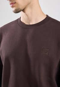 Brown sweatshirt made of soft fabric, featuring a round neckline and a small diamond logo patch on the chest, smooth texture.