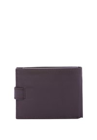 Portafoglio in pelle marrone scuro con forma rettangolare. Presenta una chiusura a linguetta, una texture liscia e cuciture visibili lungo i bordi.