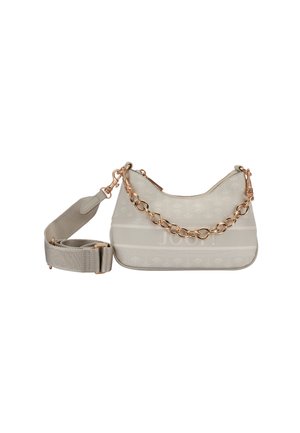 Light grey handbag featuring a smooth texture, rose gold chain accent, adjustable strap, and floral pattern on the front.