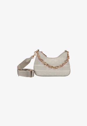 Light grey handbag featuring a smooth texture, rose gold chain accent, adjustable strap, and floral pattern on the front.