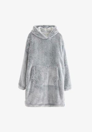 Couverture à capuche gris clair avec une texture en peluche et douce. Dispose d'une poche avant et de longues manches. La doublure douce améliore le confort.