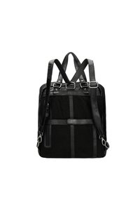 Zaino nero realizzato in tessuto e pelle, dotato di spallacci regolabili, manico superiore e numerose tasche con zip.