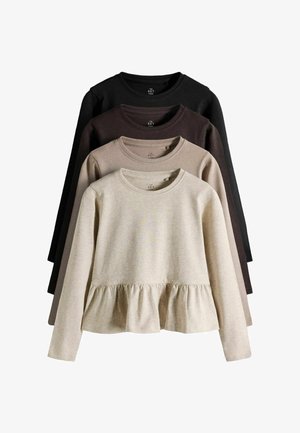 Fire langærmede pigetoppe med rund halsudskæring og peplum kant, stablet i beige, lysebrun, mørkebrun og sort på en hvid baggrund.