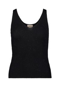 Top noir à côtes avec décolleté en V et surface texturée agrémentée de subtils accents scintillants. Fabriqué en matériau tricoté doux, au design ajusté.