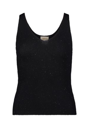 Zwarte geribbelde tanktop met een V-hals en textuur met subtiele sprankelende accenten. Gemaakt van zachte gebreide stof, aansluitend ontwerp.