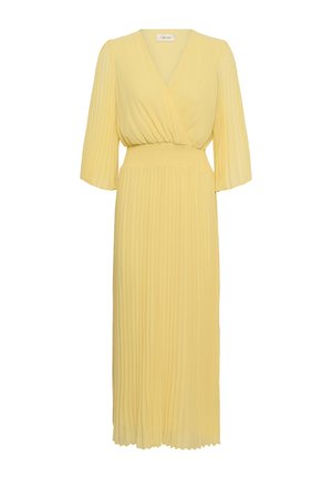 Vestido midi amarillo con escote en V, falda y mangas plisadas, cintura elástica, confeccionado en tela ligera.