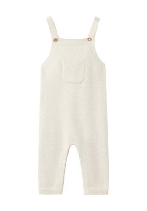 Salopette tricotée pour bébé couleur crème avec poche avant et bretelles boutonnées sur fond blanc.