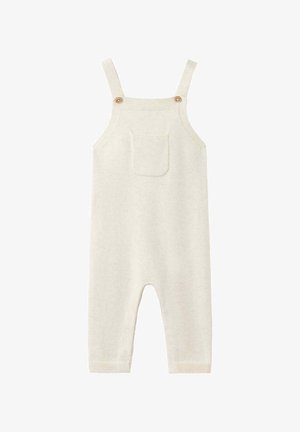 Salopette tricotée pour bébé couleur crème avec poche avant et bretelles boutonnées sur fond blanc.