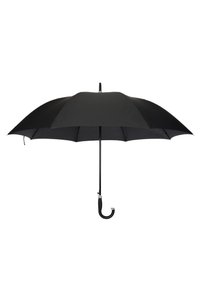 Czarna parasolka z zakrzywioną czarną rączką, cylindrycznym metalowym trzonkiem, ośmio-sekcyjnym daszku i gładką teksturą tkaniny.