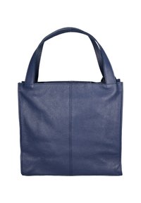 Donkerblauwe leren shopper met een gestructureerde afwerking, voorzien van twee korte handvatten en een rechthoekige vorm, open aan de bovenkant.