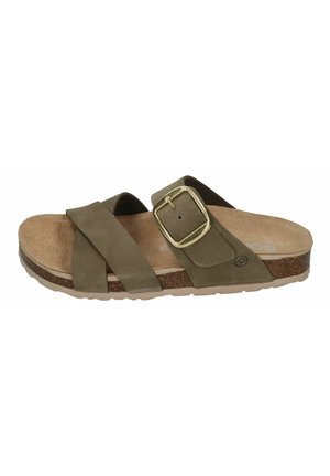 Green suede slide sandal with two crisscross straps and a gold square buckle. Cork footbed and textured rubber sole.