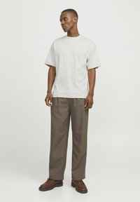 Lys grå bomulds t-shirt med rund hals, korte ærmer og minimalistisk design. Kombineret med brune, plisserede bukser og brune sko.