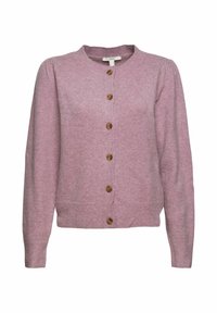 Lila stickad kofta med rund halsringning, långa ärmar, ribbade muddar och nederkant samt sex träknappar framtill.