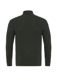 Felpa a maglia cable verde scuro con colletto alto e polsini a coste. Motivo testurizzato con design a trecce verticali.