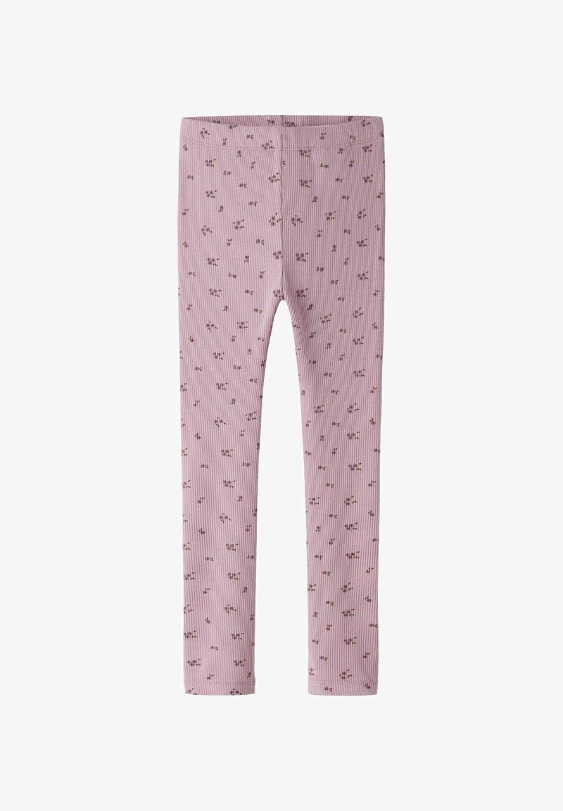 Legginsy z prążkowanego, jasnofioletowego materiału w mały kwiatowy wzór. Oferują elastyczny pas i zwężane nogawki.