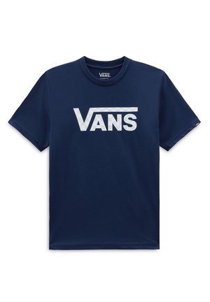 Mørkeblå t-shirt med korte ærmer med hvidt Vans-logo centreret på brystet og rund hals.