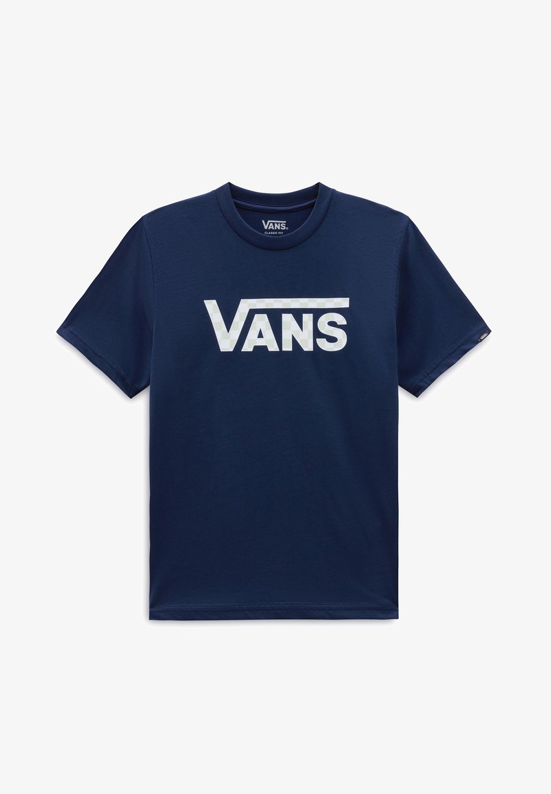 T-shirt bleu marine à manches courtes avec un logo Vans blanc centré sur la poitrine et un col rond.