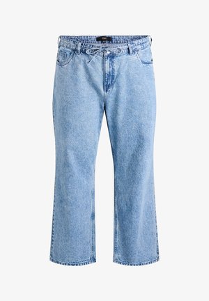 Jeans de mezclilla azul claro con diseño de pierna ancha, que cuentan con cintura con cordón, cuatro bolsillos y una textura sutilmente desgastada.