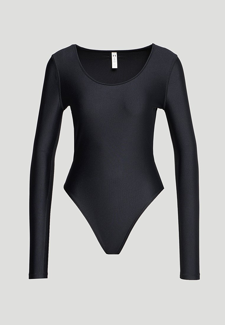 Bodysuit noir à manches longues ajusté avec encolure dégagée et ouvertures de jambe hautes sur un fond clair.