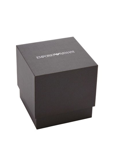 Black cardboard box with a matte finish, featuring the "EMPORIO ARMANI" logo printed in white on the top, square shape and lid design.