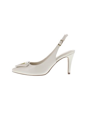 White leather slingback high heel shoe with pointed toe and gold buckle detail on front and ankle strap.