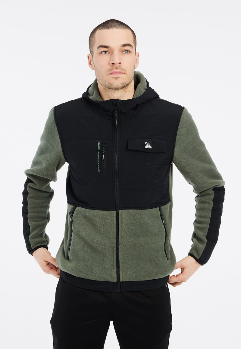 Fleece-Jacke mit Kapuze, schwarzem oberen Bereich und olivgrünen unteren Abschnitten. Verfügt über Reißverschlusstaschen und einen strukturierten Stoff.