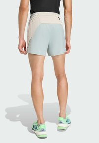 Lätta, tvåfärgade shorts med beige midjeband och ljusblå kropp. Sedd bakifrån, med sidofickor och ventilerande design.