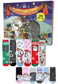 Socks advent calendar features 24 colorful pairs with cartoon animals, holiday patterns, and varied designs. Box is colorful with festive graphics.