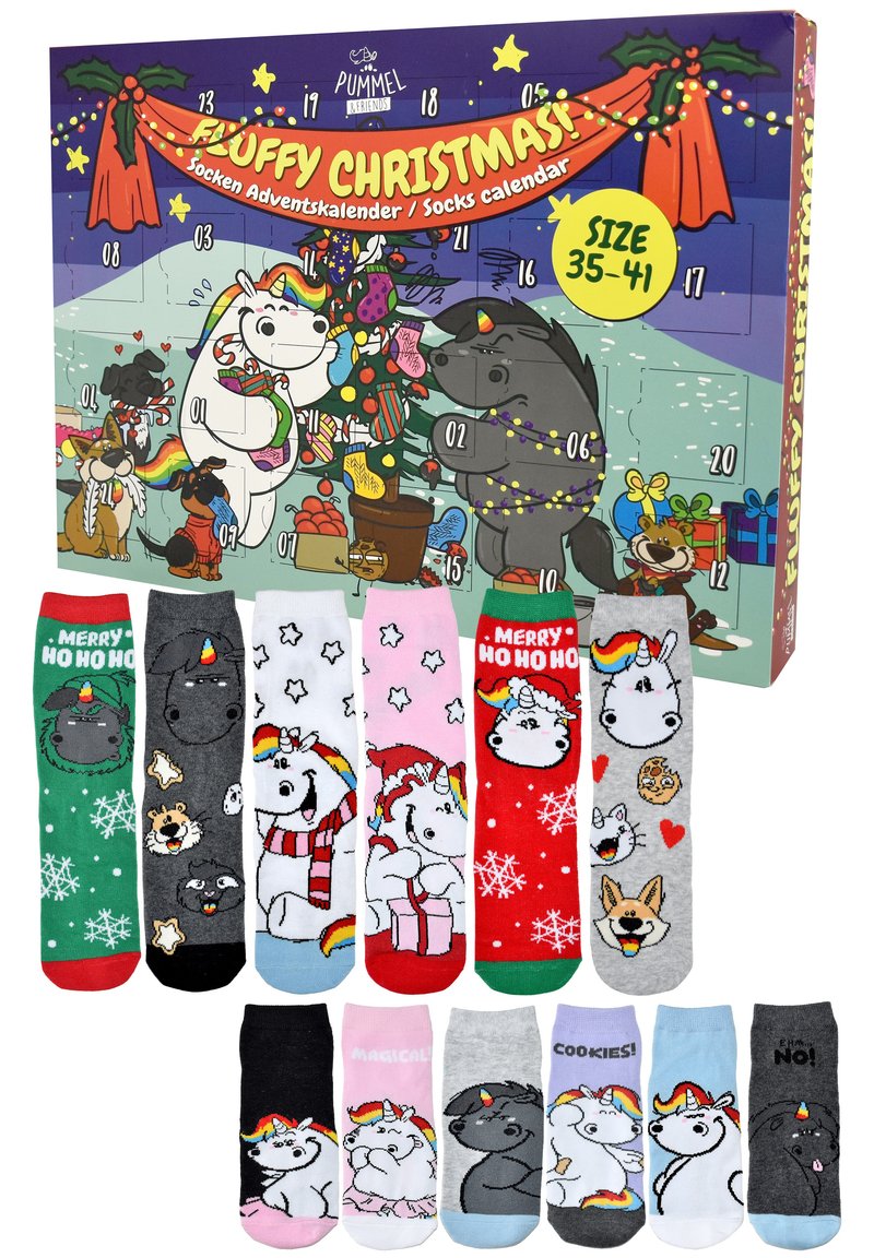Socks advent calendar features 24 colorful pairs with cartoon animals, holiday patterns, and varied designs. Box is colorful with festive graphics.
