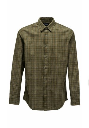 Zelená kostkovaná košile na knoflíky s dlouhými rukávy, s tradičním límcem a předním zapínáním na knoflíky. Měkká, strukturovaná látka.