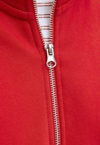Garment rosso con zip, caratterizzato da una cerniera metallica e una texture a coste, con un tessuto a righe in contrasto visibile all'interno del collo.