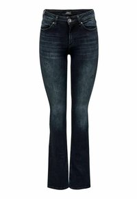 Jeans in denim scuro a campana con leggera scoloritura, dettagli strappati, cinque tasche e una vita standard con chiusura a bottone.