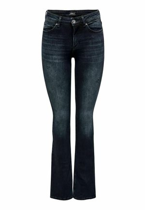 Dark denim flared jeans with light fading, distressed details, five pockets, and a standard waistband featuring a button closure.