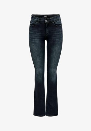 Dark denim flared jeans with light fading, distressed details, five pockets, and a standard waistband featuring a button closure.