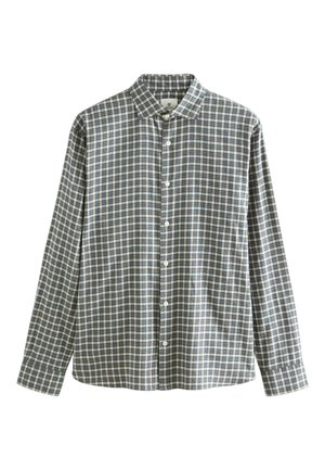 Camicia con bottoni a quadri, con colori blu, verde e bianco. Maniche lunghe e colletto classico. Realizzata in tessuto leggero.